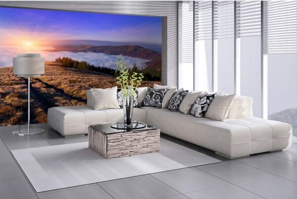 DIMEX | Vliesové fototapety na zeď Svítání na horách MS-5-0063 | 375 x 250 cm| modrá, hnědá, bílá, žlutá