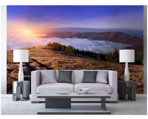 DIMEX | Vliesové fototapety na zeď Svítání na horách MS-5-0063 | 375 x 250 cm| modrá, hnědá, bílá, žlutá