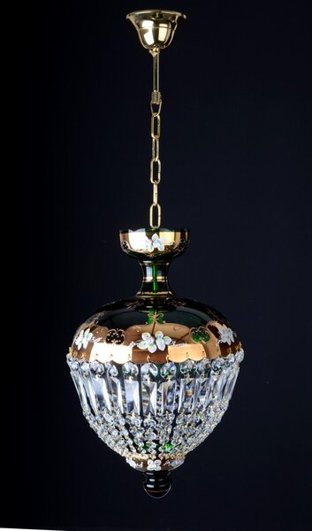 DBK GLASS Smaragdově zelený košový lustr se skleněnými květy a křišťálovými lichoběžníky 9105-1-SM GREEN