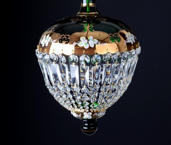 DBK GLASS Smaragdově zelený košový lustr se skleněnými květy a křišťálovými lichoběžníky 9105-1-SM GREEN