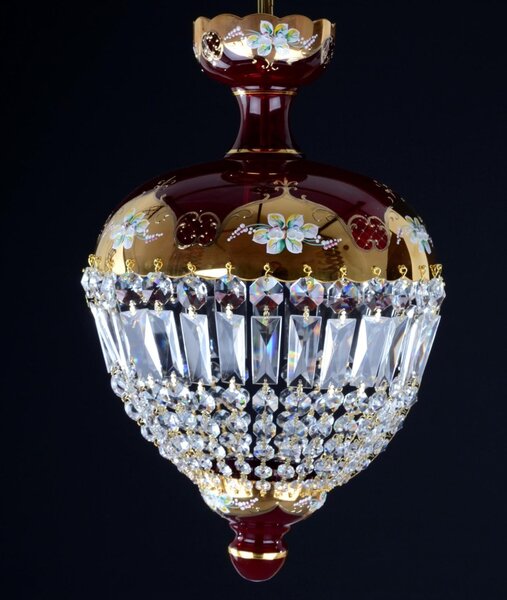 DBK GLASS Červený košový lustr se skleněnými květy a křišťálovými lichoběžníky 9109-1-SM RED