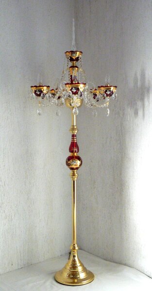 DBK GLASS 5-ti ramenná červená křišťálová stojací lampa se skleněnými květy na zlatém podkladu AK-0659-5-SM RED