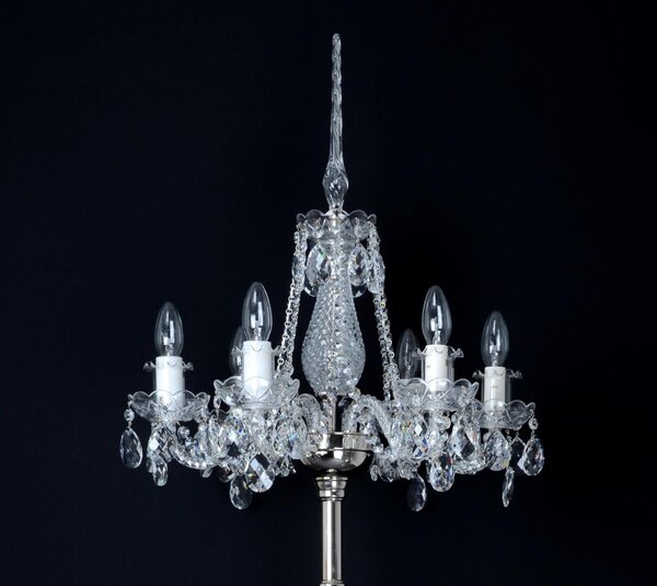 DBK GLASS 6-ti ramenná sříbrná stojací lampa s křišťálovými vachtlemi a skleněnou špicí ak-330-6-nk