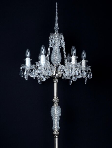 DBK GLASS 6-ti ramenná sříbrná stojací lampa s křišťálovými vachtlemi a skleněnou špicí ak-330-6-nk