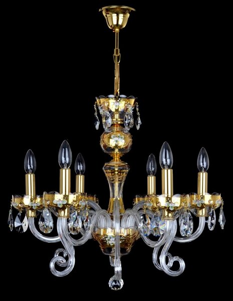 DBK GLASS 6-ti ramenný skleněný křišťálový lustr se smaltovanými květy na zlaté bázi 1620-6-SM