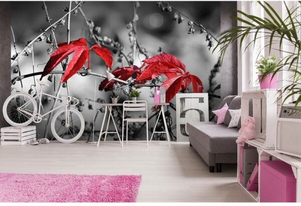 DIMEX | Vliesové fototapety na zeď Červené listí na černém pozadí MS-5-0110 | 375 x 250 cm| černobílá, červená