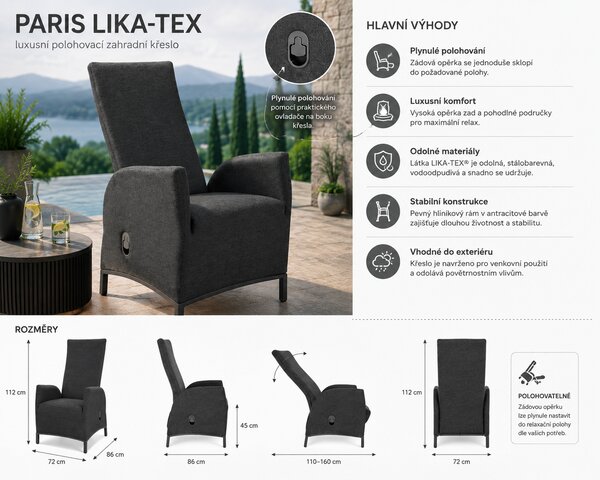Doppler PARIS LIKA-TEX® polohovací zahradní křeslo antracit