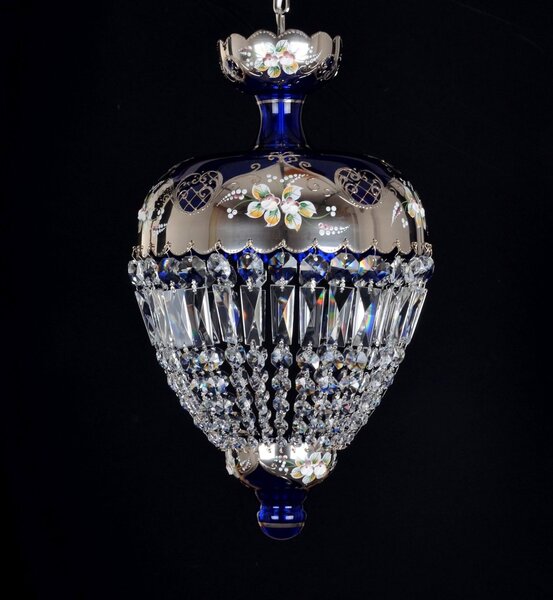Modrý křišťálový košový lustr zdobený vysokým smaltem na stříbrném pozadí z platiny