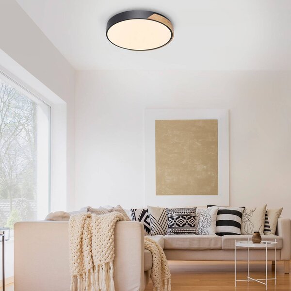 Q-Smart-Home Paul Neuhaus Q-BILA LED stropní světlo, černá/dub, stmívatelný, Černá, Obývací pokoj / jídelna, kov