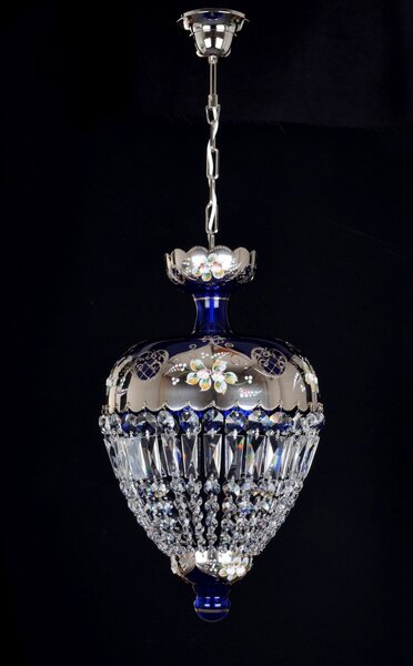 DBK GLASS Modrý křišťálový košový lustr zdobený vysokým smaltem na stříbrném pozadí z platiny 9103-1-NK-SM-blue