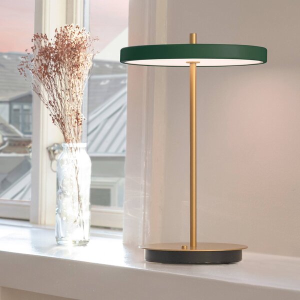 UMAGE LED dobíjecí stolní lampa Asteria Move lesní zelená/mosaz 31cm, stmívatelný, Mosaz / zlato, Obývací pokoj / jídelna, kov, Design