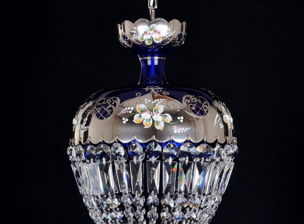 DBK GLASS Modrý křišťálový košový lustr zdobený vysokým smaltem na stříbrném pozadí z platiny 9103-1-NK-SM-blue