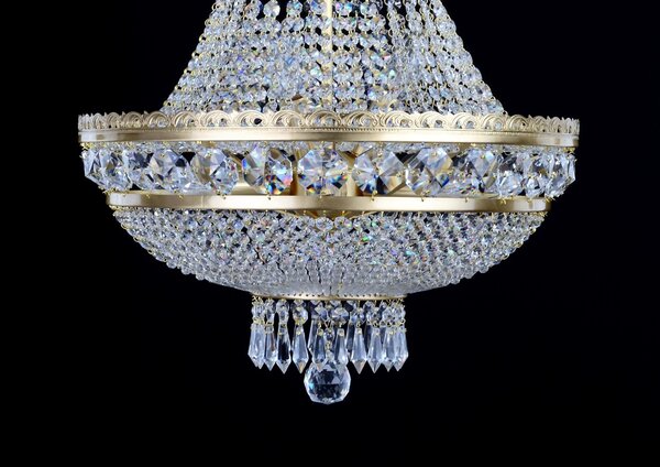 DBK GLASS 9-žárovkový štrasový křišťálový lustr s velkými broušenými hlavičkami a křišťálovými hruškami - matná mosaz 7150-9-ZM
