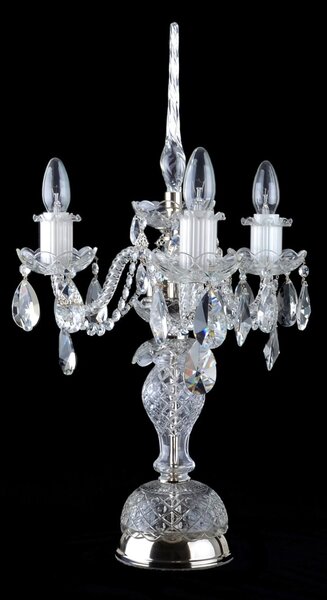 DBK GLASS Stříbrná křišťálová stolní lampa se třemi rameny a zakroucenou skleněnou špicí SE-0740-3-NK