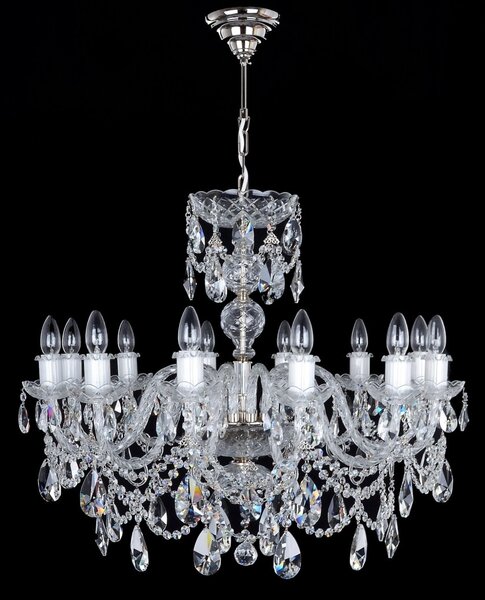 DBK GLASS Stříbrný křišťálový lustr s 12-ti rameny a broušenými vachtlemi 2190-12-NK