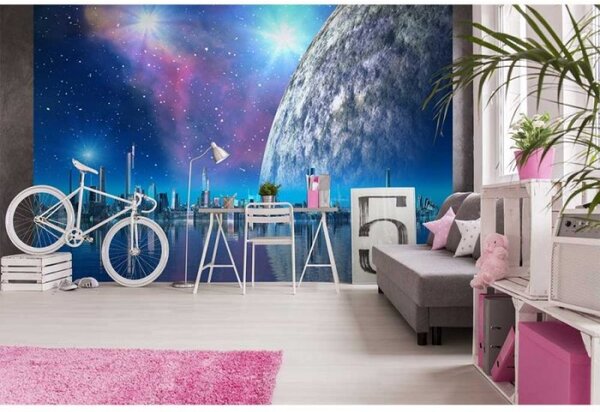 DIMEX | Vliesové fototapety na zeď Futuristické město MS-5-0186 | 375 x 250 cm| modrá, šedá, fialová