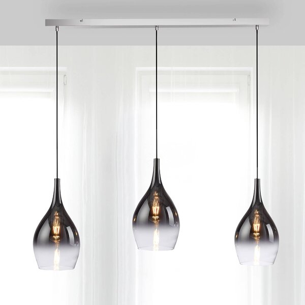 Paul Neuhaus Pilua závěsná lampa, kouř, sklo, 100 cm, 3 světla., stmívatelný, Hliník / šedá / zinek, Obývací pokoj / jídelna, Sklo, Moderní