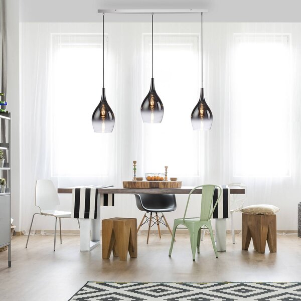 Paul Neuhaus Pilua závěsná lampa, kouř, sklo, 100 cm, 3 světla., stmívatelný, Hliník / šedá / zinek, Obývací pokoj / jídelna, Sklo, Moderní