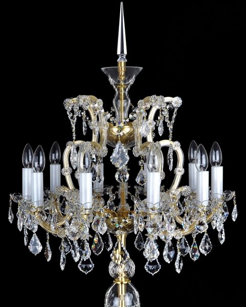 DBK GLASS Stojací lampa Marie Terezie s 10-ti plameny, křišťálovou špicí a ověsy ve francouzském stylu - matová mosaz AK-8010-10-(5025)
