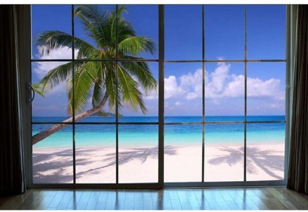 DIMEX | Vliesové fototapety na zeď Pláž za oknem MS-5-0203 | 375 x 250 cm| zelená, modrá, bílá, šedá