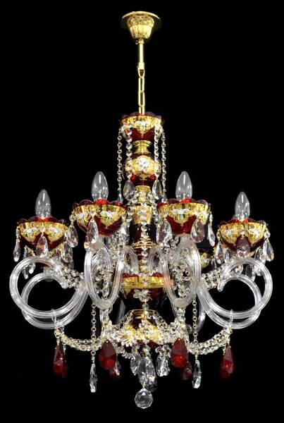 DBK GLASS 8-mi ramenný červený křišťálový lustr zdobený smaltovanými květy a rubínovými vachtlemi 1649-8-SM-ruby-almonds