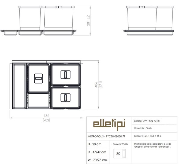 Vestavný odpadkový koš Elletipi METROPOLIS/ do zásuvky/ 15+15+15 L/ PTC28 08050 7F