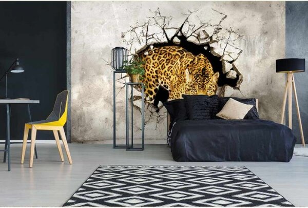 DIMEX | Vliesové fototapety na zeď Panter na lovu MS-5-0233 | 375 x 250 cm| šedá, žlutá, černá