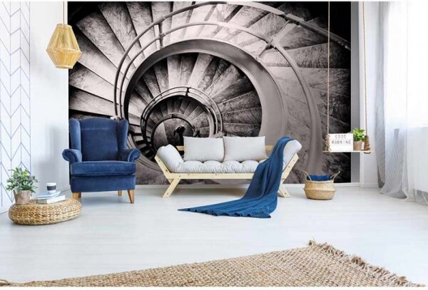 DIMEX | Vliesové fototapety na zeď 3D točité schodiště MS-5-0271 | 375 x 250 cm| černobílá