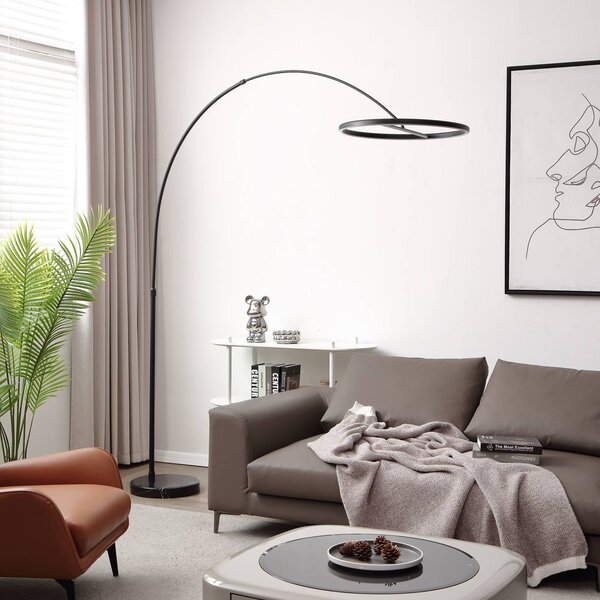 Lucande LED oblouková stojací lampa Virvera, kulatá, černá, kovová, Černá, Obývací pokoj / jídelna, Hliník, Moderní