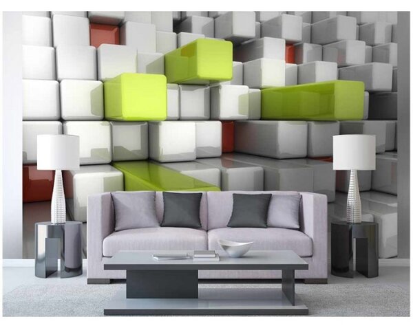 DIMEX | Vliesové fototapety na zeď 3D kostky MS-5-0286 | 375 x 250 cm| bílá, šedá, zelená, červená