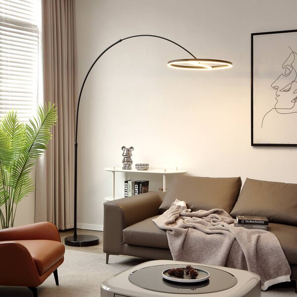 Lucande LED oblouková stojací lampa Virvera, kulatá, černá, kovová, Černá, Obývací pokoj / jídelna, Hliník, Moderní