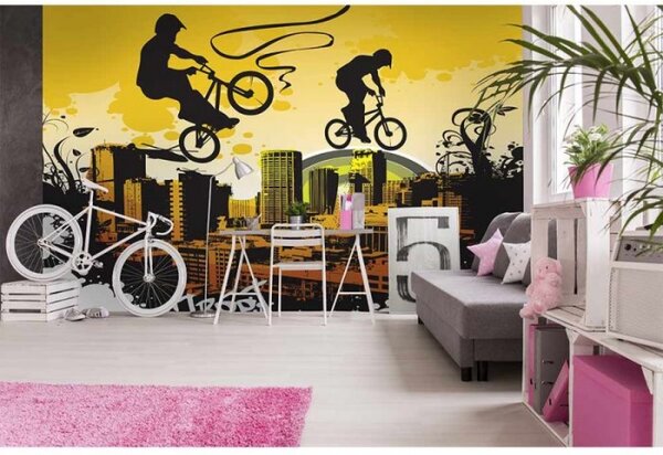 DIMEX | Vliesové fototapety na zeď Cyklisti MS-5-0326 | 375 x 250 cm| žlutá, černá, oranžová