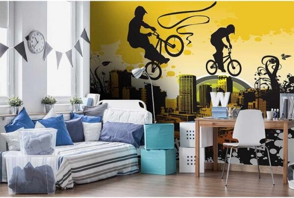 DIMEX | Vliesové fototapety na zeď Cyklisti MS-5-0326 | 375 x 250 cm| žlutá, černá, oranžová