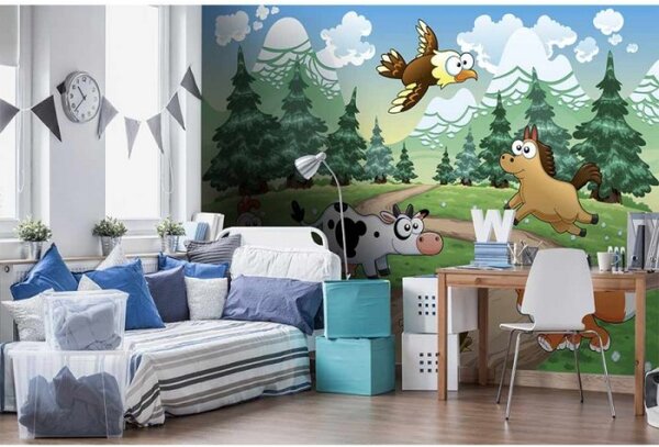 DIMEX | Vliesové fototapety na zeď Zvířátka u lesa MS-5-0340 | 375 x 250 cm| zelená, vícebarevná