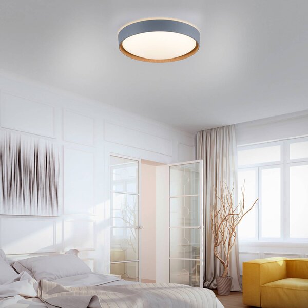 Q-Smart-Home Paul Neuhaus Q-EMILIA LED stropní svítidlo, šedé/dřevěné, stmívatelný, Hliník / šedá / zinek, Obývací pokoj / jídelna, kov