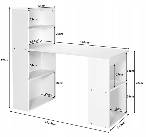Počítačový stůl s policovým regálem Costway 121,5 x 51,5 x 120 cm bílý