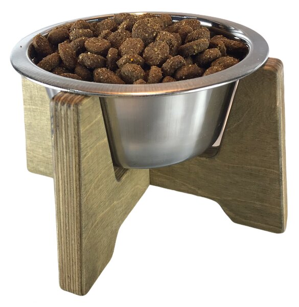 Wook | Dřevěný stojan s miskou pro psy vel. S - 450 ml Výška podstavce: 10 cm, Barva: patina, Personalizace: Ne