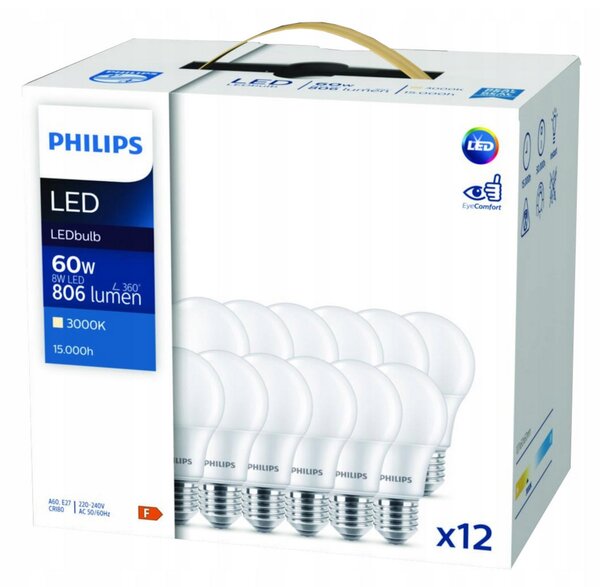 12x LED žárovka Philips E27 - 8W - 806lm - 3000K
