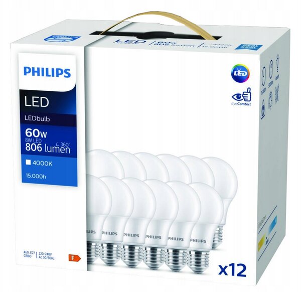 12x LED žárovka Philips E27 - 8W - 806lm - 4000K