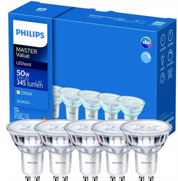 5x LED žárovka Philips GU10 - 4,7W - 345lm - 2700K