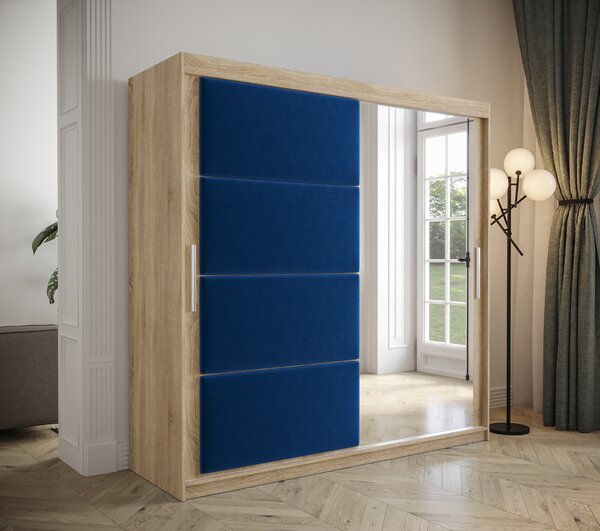 Šatní skřín Tempica 200cm se zrcadlem, sonoma/modrý panel