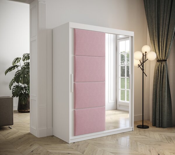 Šatní skřín Tempica 150cm se zrcadlem, bílá/růžový panel