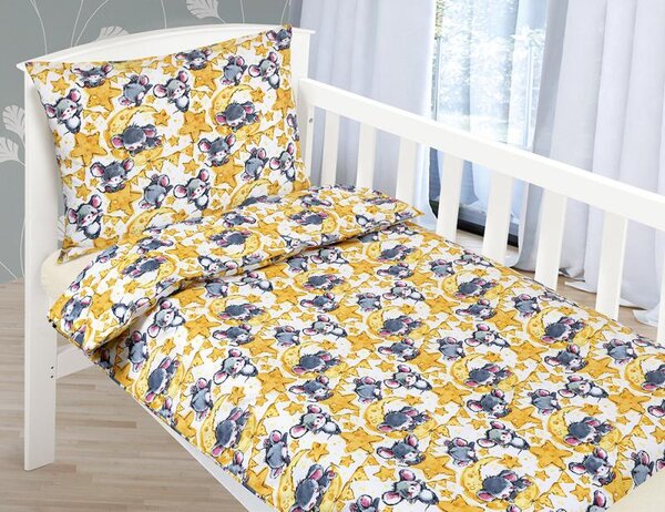 BELLATEX Dětské povlečení bavlna Agáta Myška žlutá, šedá 90x135, 45x60 cm