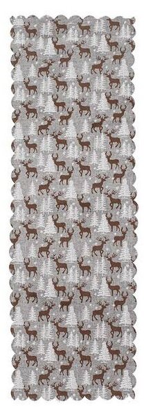 Vánoční ubrus 186x35 cm Sobi a Stromky, šedo-hnědý