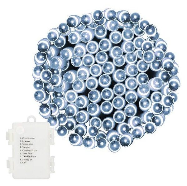 LED světelný řetěz - 9m, 120LED, 8-funkcí, 3xAA, IP44, studená bílá