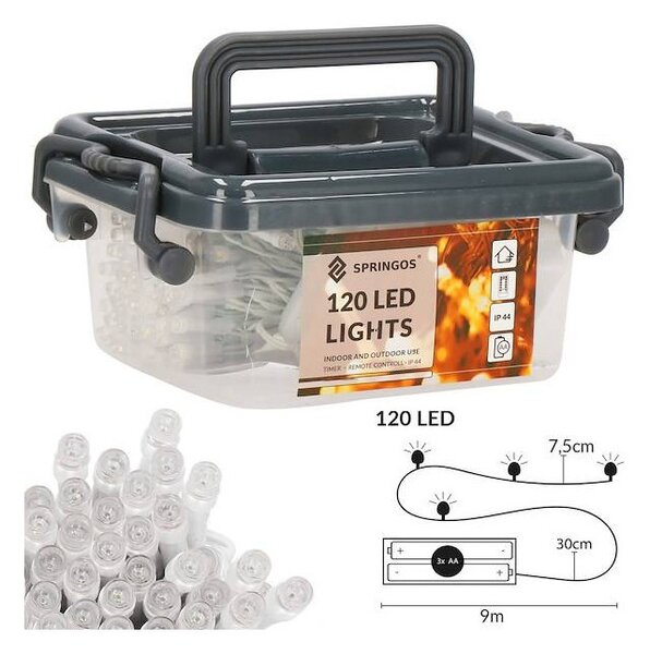 LED světelný řetěz - 9m, 120LED, 8-funkcí, 3xAA, IP44, studená bílá