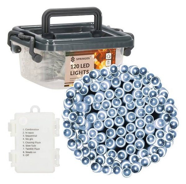 LED světelný řetěz - 9m, 120LED, 8-funkcí, 3xAA, IP44, studená bílá