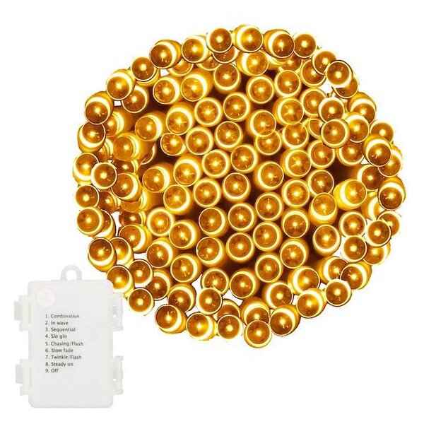 LED světelný řetěz - 9m, 120LED, 8 funkcí, 3xAA, IP44, teplá bílá