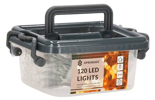 LED světelný řetěz - 9m, 120LED, 8-funkcí, 3xAA, IP44, studená bílá