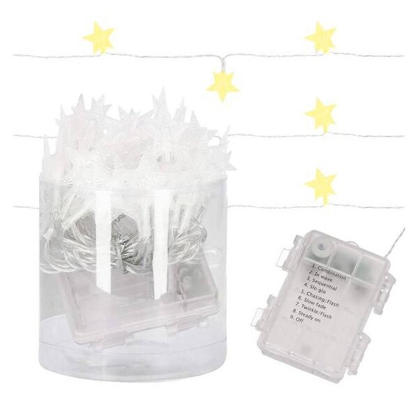 LED řetěz Hvězdy - 5m, 50LED, 8 funkcí, 3xAA, IP44, teplá bílá